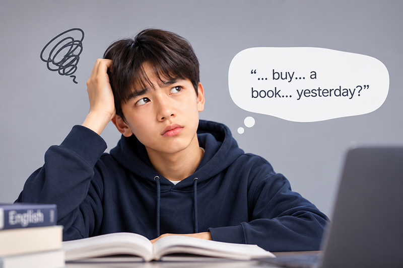 영어로 말하기 전 머뭇거리는 학생